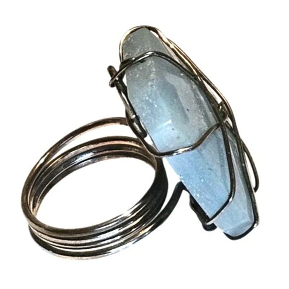Adjustable Ring Statement Wire-Wrapped Blue Stone Unique Handmade Metal Band - Picture 7 of 9